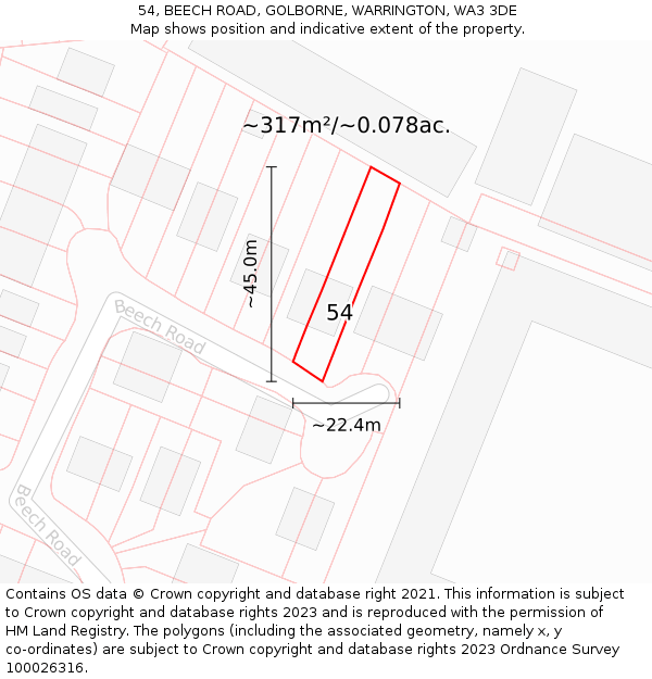 54, BEECH ROAD, GOLBORNE, WARRINGTON, WA3 3DE: Plot and title map