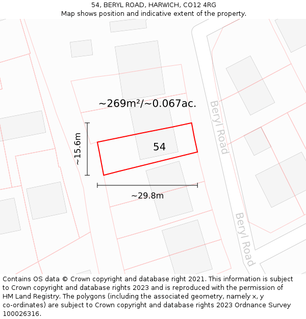 54, BERYL ROAD, HARWICH, CO12 4RG: Plot and title map