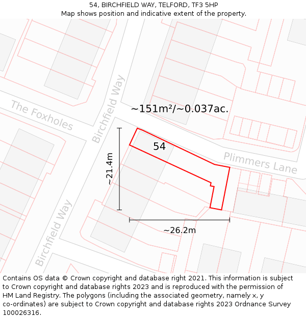 54, BIRCHFIELD WAY, TELFORD, TF3 5HP: Plot and title map