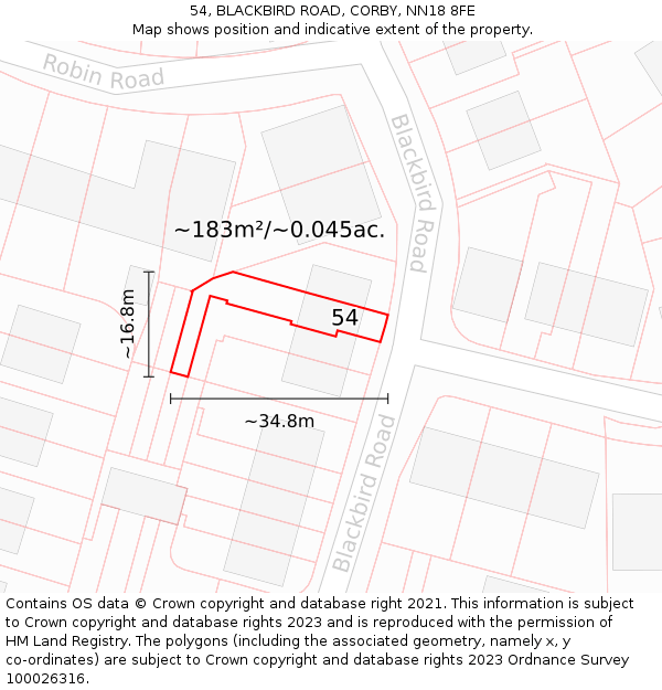 54, BLACKBIRD ROAD, CORBY, NN18 8FE: Plot and title map