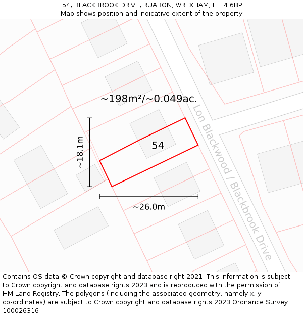 54, BLACKBROOK DRIVE, RUABON, WREXHAM, LL14 6BP: Plot and title map