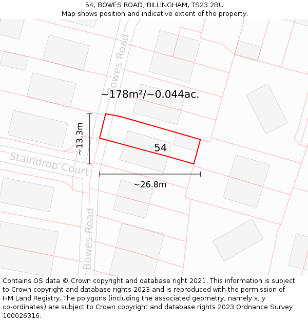 54, BOWES ROAD, BILLINGHAM, TS23 2BU: Plot and title map