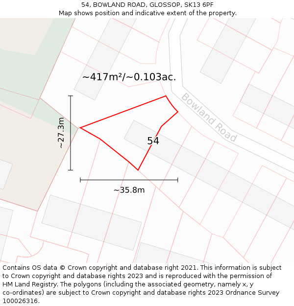 54, BOWLAND ROAD, GLOSSOP, SK13 6PF: Plot and title map