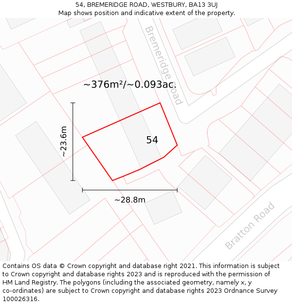 54, BREMERIDGE ROAD, WESTBURY, BA13 3UJ: Plot and title map