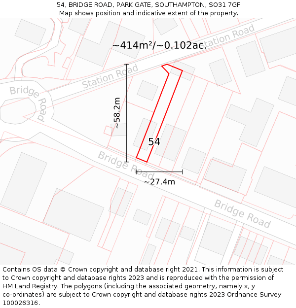 54, BRIDGE ROAD, PARK GATE, SOUTHAMPTON, SO31 7GF: Plot and title map