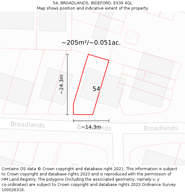 54, BROADLANDS, BIDEFORD, EX39 4QL: Plot and title map