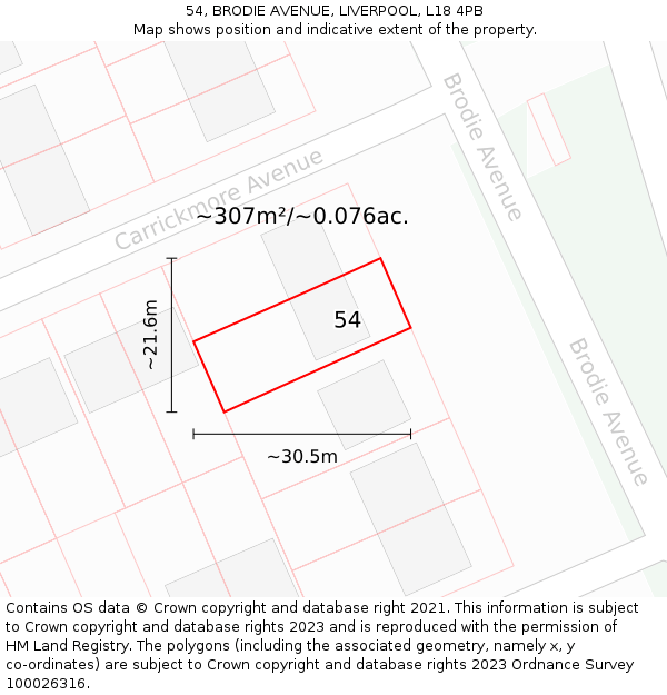 54, BRODIE AVENUE, LIVERPOOL, L18 4PB: Plot and title map