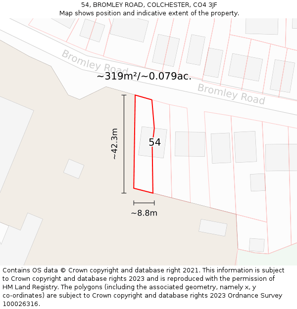 54, BROMLEY ROAD, COLCHESTER, CO4 3JF: Plot and title map