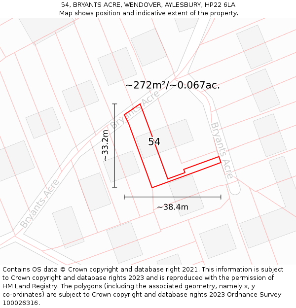 54, BRYANTS ACRE, WENDOVER, AYLESBURY, HP22 6LA: Plot and title map