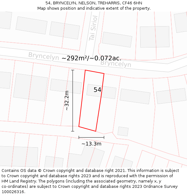 54, BRYNCELYN, NELSON, TREHARRIS, CF46 6HN: Plot and title map