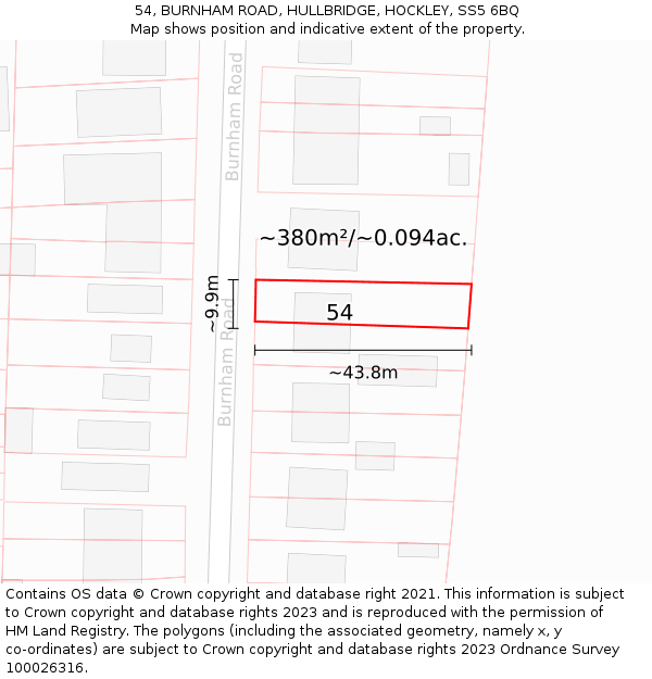 54, BURNHAM ROAD, HULLBRIDGE, HOCKLEY, SS5 6BQ: Plot and title map