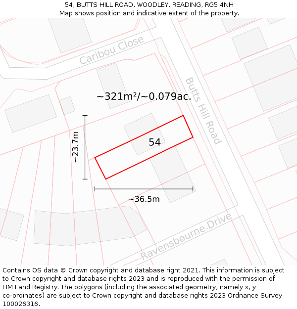 54, BUTTS HILL ROAD, WOODLEY, READING, RG5 4NH: Plot and title map