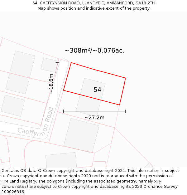 54, CAEFFYNNON ROAD, LLANDYBIE, AMMANFORD, SA18 2TH: Plot and title map