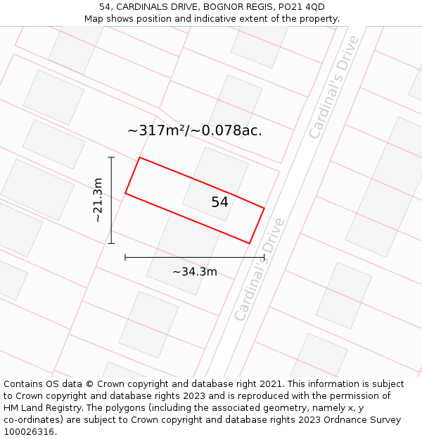 54, CARDINALS DRIVE, BOGNOR REGIS, PO21 4QD: Plot and title map