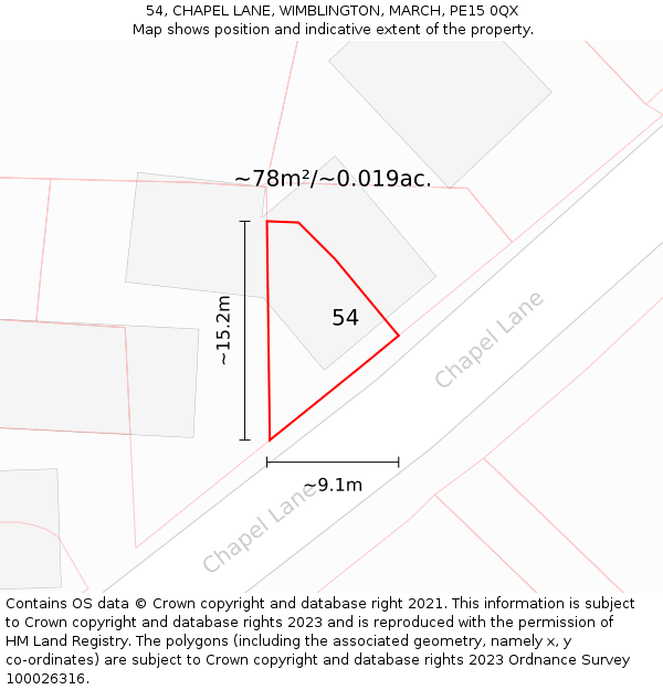 54, CHAPEL LANE, WIMBLINGTON, MARCH, PE15 0QX: Plot and title map