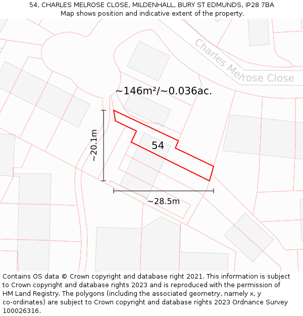 54, CHARLES MELROSE CLOSE, MILDENHALL, BURY ST EDMUNDS, IP28 7BA: Plot and title map