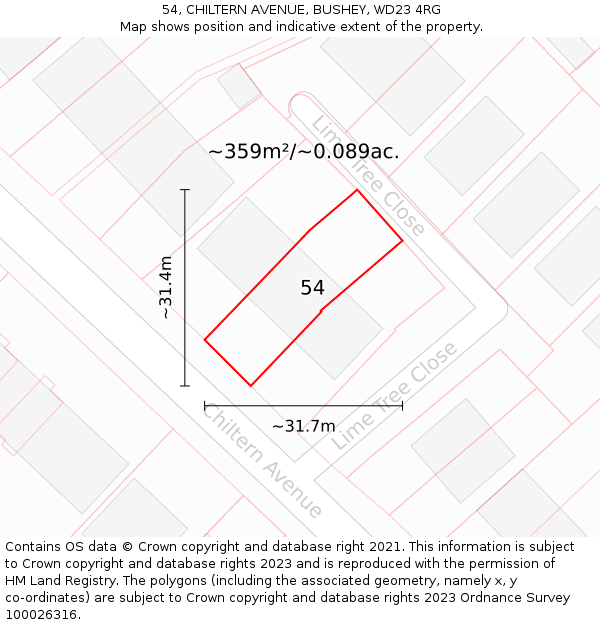 54, CHILTERN AVENUE, BUSHEY, WD23 4RG: Plot and title map