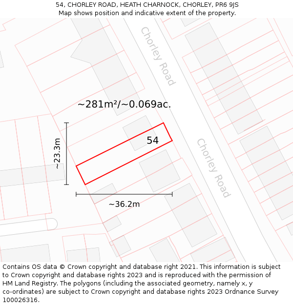 54, CHORLEY ROAD, HEATH CHARNOCK, CHORLEY, PR6 9JS: Plot and title map