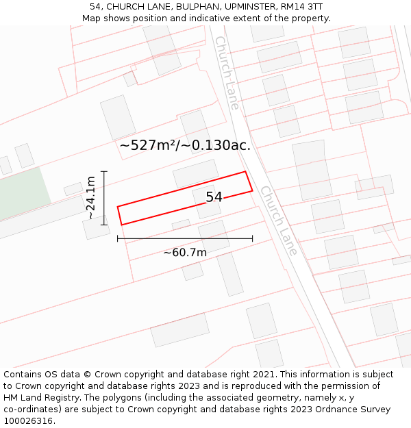 54, CHURCH LANE, BULPHAN, UPMINSTER, RM14 3TT: Plot and title map