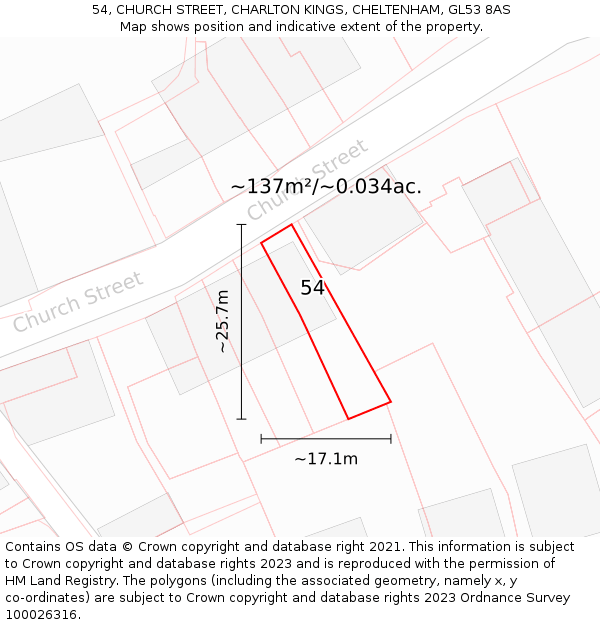 54, CHURCH STREET, CHARLTON KINGS, CHELTENHAM, GL53 8AS: Plot and title map