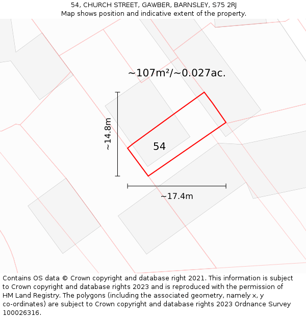 54, CHURCH STREET, GAWBER, BARNSLEY, S75 2RJ: Plot and title map