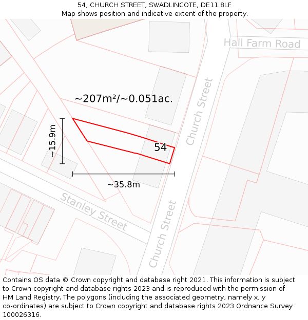 54, CHURCH STREET, SWADLINCOTE, DE11 8LF: Plot and title map