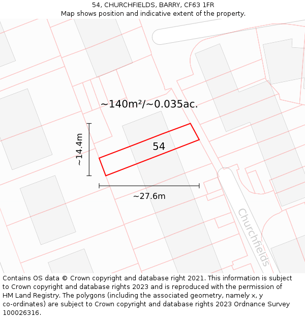 54, CHURCHFIELDS, BARRY, CF63 1FR: Plot and title map