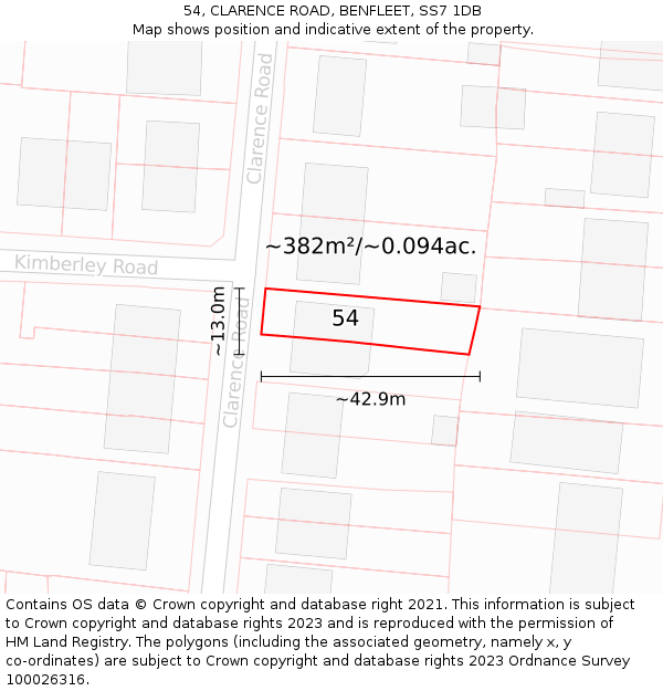 54, CLARENCE ROAD, BENFLEET, SS7 1DB: Plot and title map