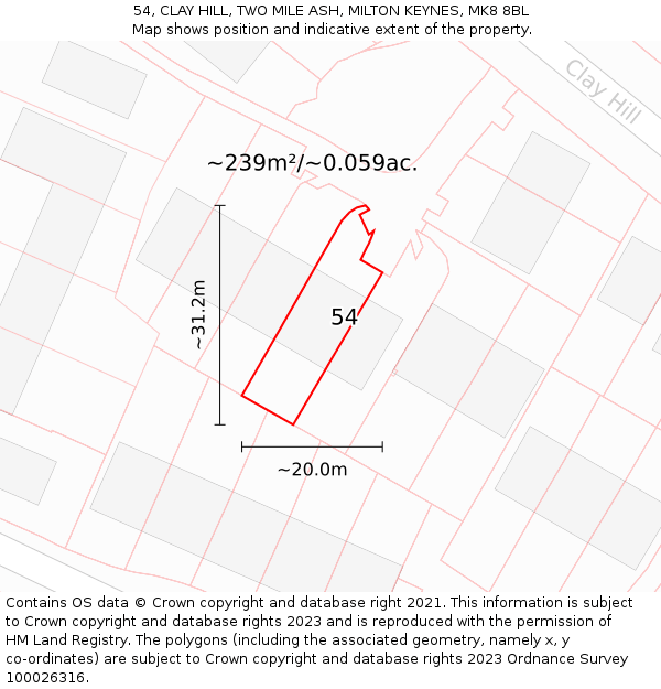 54, CLAY HILL, TWO MILE ASH, MILTON KEYNES, MK8 8BL: Plot and title map