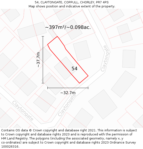 54, CLAYTONGATE, COPPULL, CHORLEY, PR7 4PS: Plot and title map