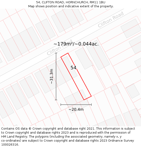 54, CLIFTON ROAD, HORNCHURCH, RM11 1BU: Plot and title map