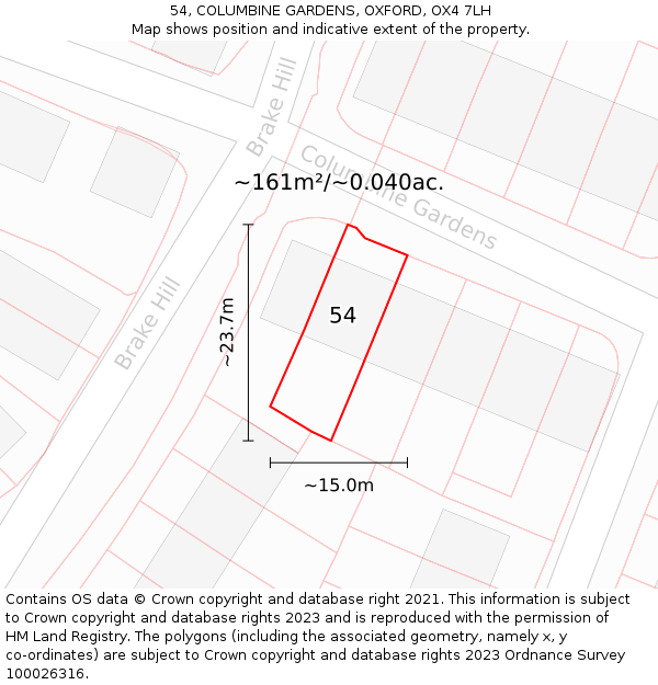 54, COLUMBINE GARDENS, OXFORD, OX4 7LH: Plot and title map