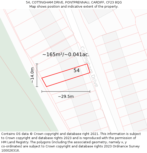 54, COTTINGHAM DRIVE, PONTPRENNAU, CARDIFF, CF23 8QG: Plot and title map