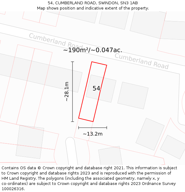 54, CUMBERLAND ROAD, SWINDON, SN3 1AB: Plot and title map