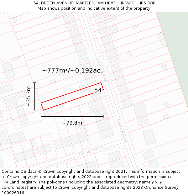 54, DEBEN AVENUE, MARTLESHAM HEATH, IPSWICH, IP5 3QP: Plot and title map