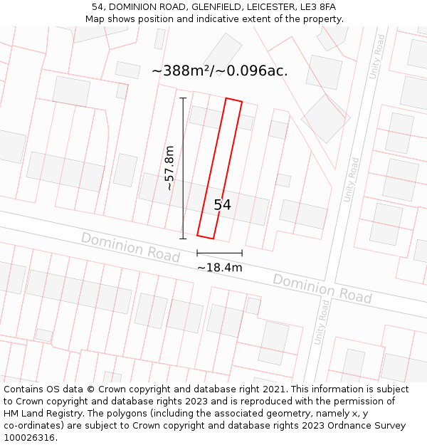 54, DOMINION ROAD, GLENFIELD, LEICESTER, LE3 8FA: Plot and title map