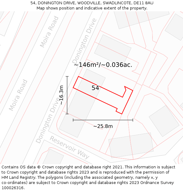 54, DONINGTON DRIVE, WOODVILLE, SWADLINCOTE, DE11 8AU: Plot and title map