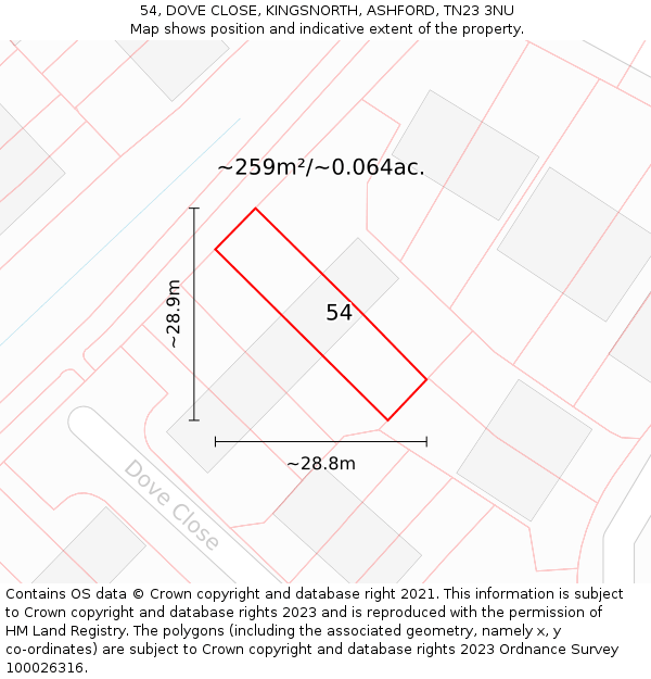 54, DOVE CLOSE, KINGSNORTH, ASHFORD, TN23 3NU: Plot and title map