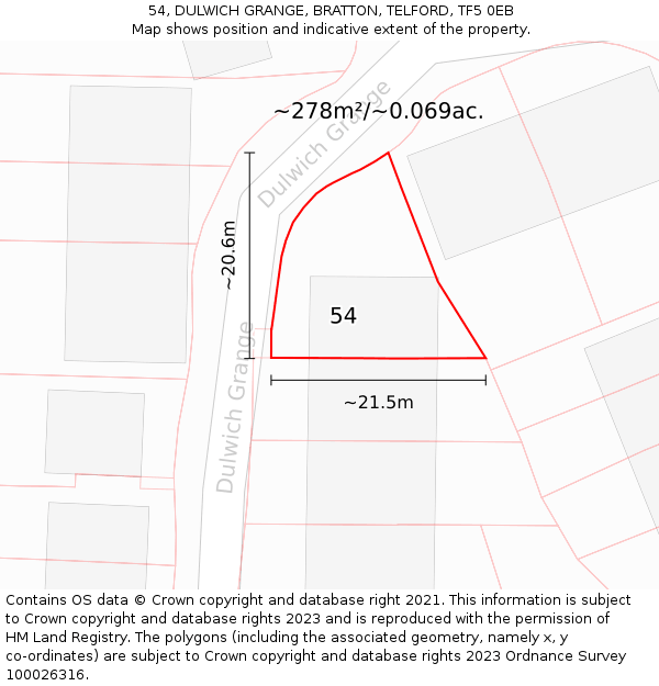 54, DULWICH GRANGE, BRATTON, TELFORD, TF5 0EB: Plot and title map