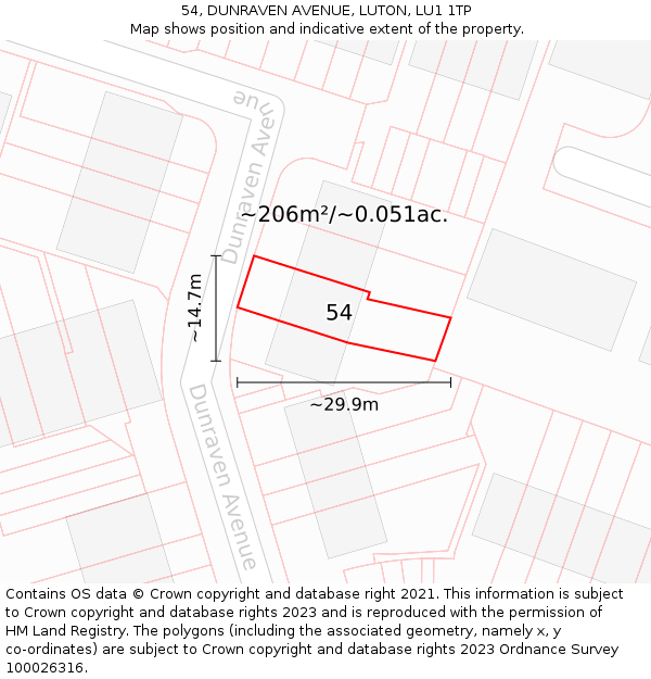 54, DUNRAVEN AVENUE, LUTON, LU1 1TP: Plot and title map