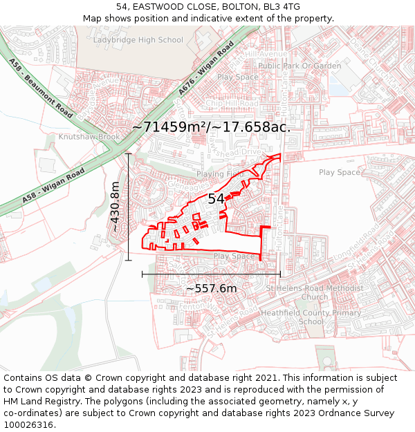 54, EASTWOOD CLOSE, BOLTON, BL3 4TG: Plot and title map