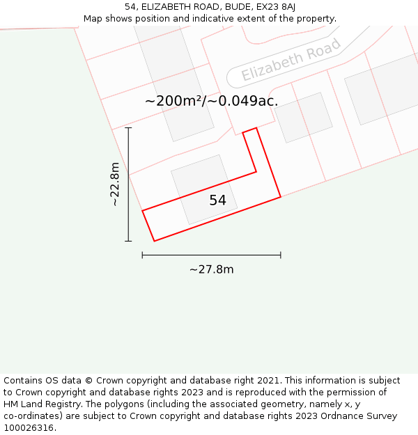 54, ELIZABETH ROAD, BUDE, EX23 8AJ: Plot and title map