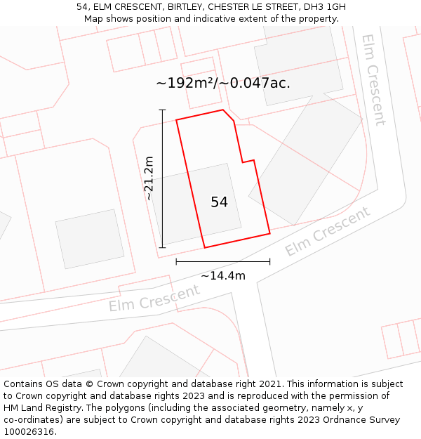 54, ELM CRESCENT, BIRTLEY, CHESTER LE STREET, DH3 1GH: Plot and title map