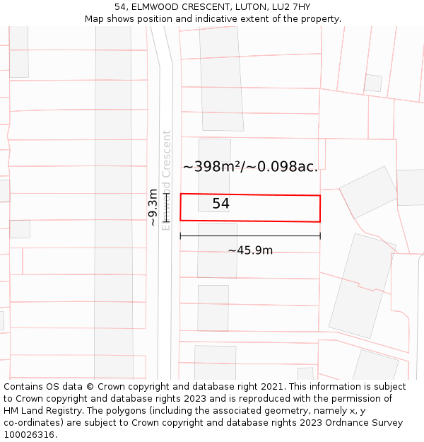 54, ELMWOOD CRESCENT, LUTON, LU2 7HY: Plot and title map