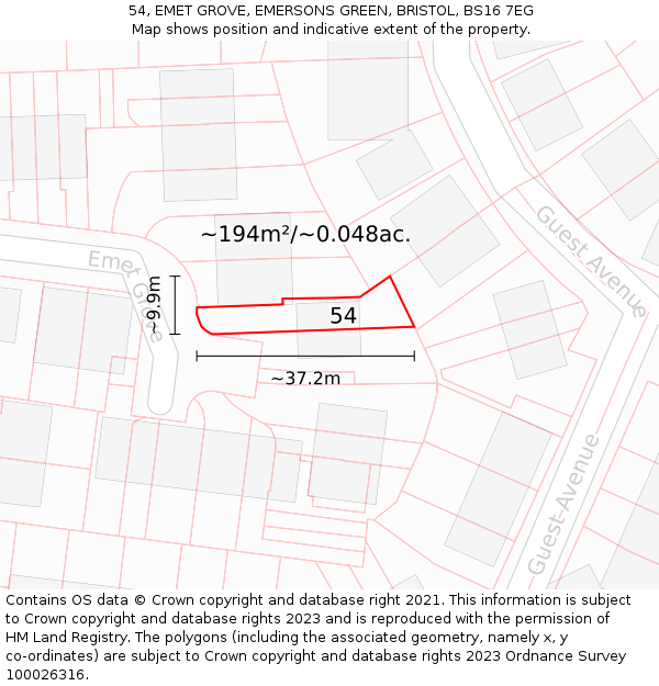 54, EMET GROVE, EMERSONS GREEN, BRISTOL, BS16 7EG: Plot and title map