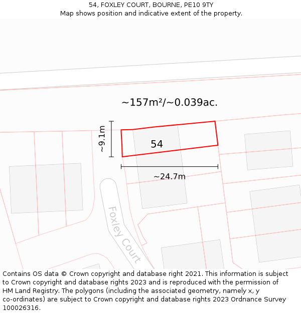 54, FOXLEY COURT, BOURNE, PE10 9TY: Plot and title map