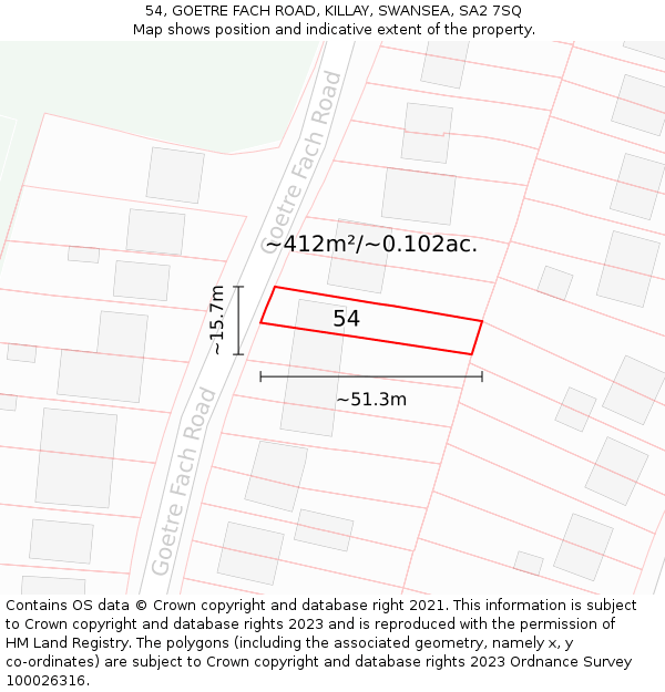 54, GOETRE FACH ROAD, KILLAY, SWANSEA, SA2 7SQ: Plot and title map