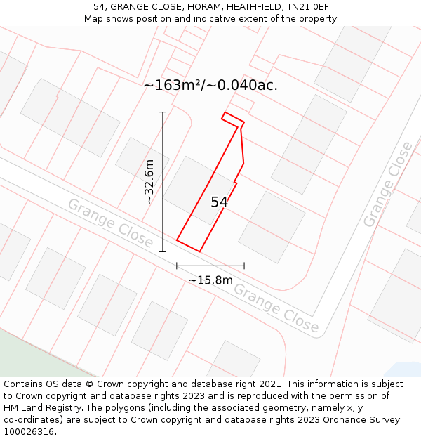 54, GRANGE CLOSE, HORAM, HEATHFIELD, TN21 0EF: Plot and title map