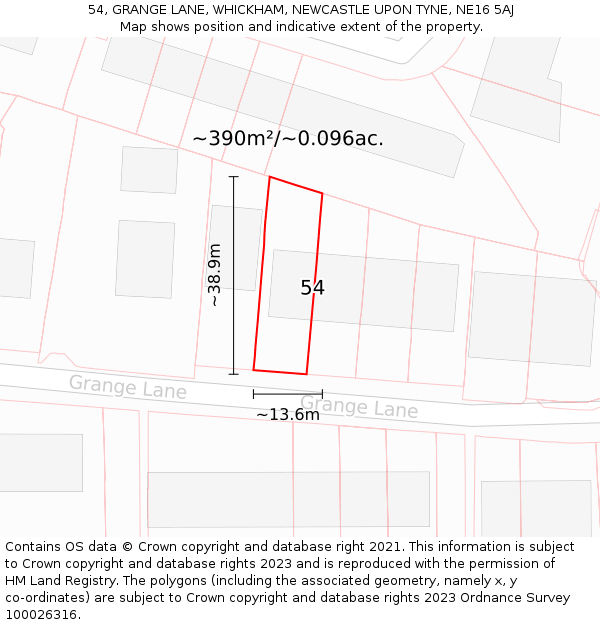 54, GRANGE LANE, WHICKHAM, NEWCASTLE UPON TYNE, NE16 5AJ: Plot and title map