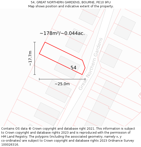 54, GREAT NORTHERN GARDENS, BOURNE, PE10 9FU: Plot and title map